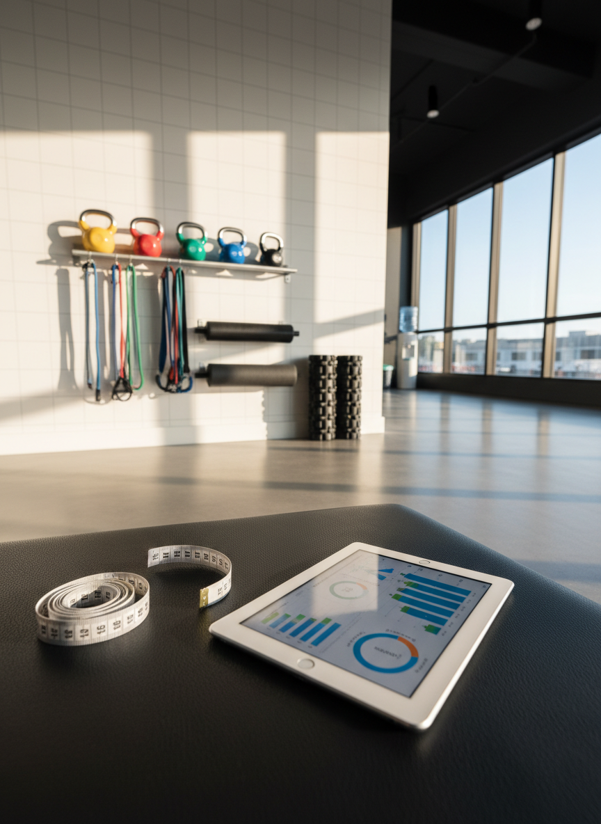 A dedicated rehabilitation area in a performance clinic, showcasing a pristine rack of color-coded kettlebells, exercise bands, and foam rollers against a matte white wall with subtle grid markings. A cushioned, non-slip black training platform dominates the foreground, with a neatly rolled measuring tape and a tablet displaying abstract performance charts positioned at its edge. Large windows along one side flood the space with soft afternoon light, casting gentle, elongated shadows across the floor. The camera is placed low and angled slightly upward to emphasize capability and progress, with a shallow depth of field keeping the equipment razor sharp while the far end of the room softly blurs. The photographic, minimal aesthetic communicates structured, scientific rehabilitation and performance training.