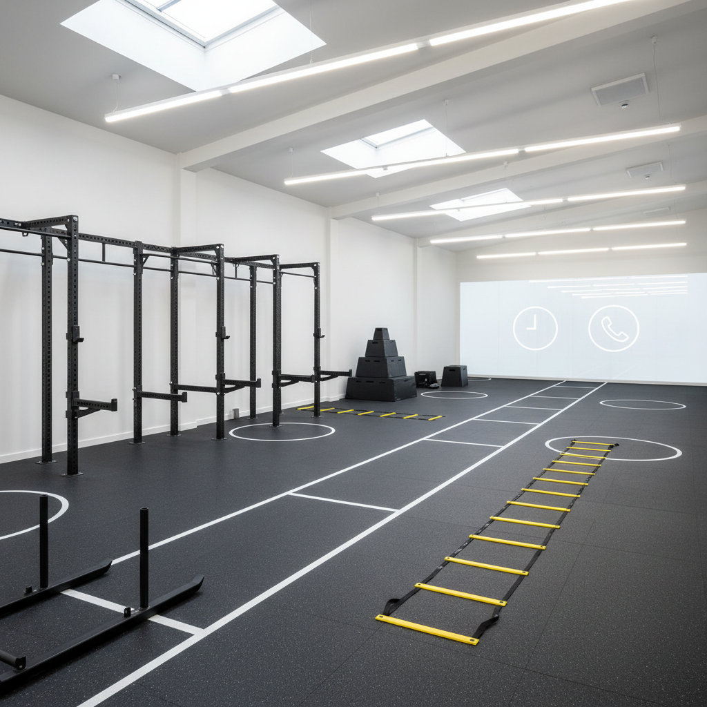 A panoramic, wide-angle view of a high-performance training zone within an injury and performance clinic, filled with non-branded equipment: sled track, squat racks, plyometric boxes, and agility ladders laid out with precise spacing on a seamless rubberized floor. Discreet icons for scheduling and contact information appear on a distant digital wall display, rendered as simple shapes rather than text. Overhead industrial-style LED strips and skylights flood the area with bright, neutral white light, highlighting the clean lines and organized layout. The camera is positioned at one end of the space, using leading lines from the floor markings to draw the eye deep into the room. Photographic realism and a crisp, dynamic mood suggest serious, scientifically planned performance enhancement, completely free of human figures.