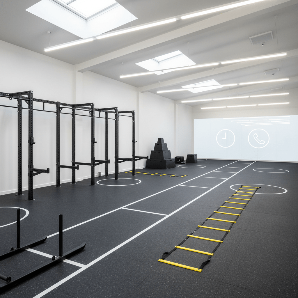A panoramic, wide-angle view of a high-performance training zone within an injury and performance clinic, filled with non-branded equipment: sled track, squat racks, plyometric boxes, and agility ladders laid out with precise spacing on a seamless rubberized floor. Discreet icons for scheduling and contact information appear on a distant digital wall display, rendered as simple shapes rather than text. Overhead industrial-style LED strips and skylights flood the area with bright, neutral white light, highlighting the clean lines and organized layout. The camera is positioned at one end of the space, using leading lines from the floor markings to draw the eye deep into the room. Photographic realism and a crisp, dynamic mood suggest serious, scientifically planned performance enhancement, completely free of human figures.