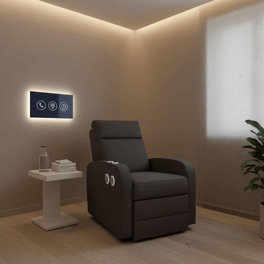 A calm private recovery room in an injury clinic, featuring a plush, adjustable recliner in dark charcoal fabric with a small, integrated control panel, positioned beside a minimalist side table holding a carafe of water and a tidy stack of folded towels. A wall-mounted digital panel nearby shows simple icons for emergency contact, clinic location map, and appointment reminders, all without text. Soft, warm indirect LED lighting along the ceiling perimeter blends with subdued daylight from a partially shaded window, creating a serene, restorative ambiance. Captured at eye level with a centered composition and gentle depth of field, the photographic image emphasizes comfort, safety, and clinical expertise supporting post-treatment recovery, while keeping the space quiet and completely unoccupied.
