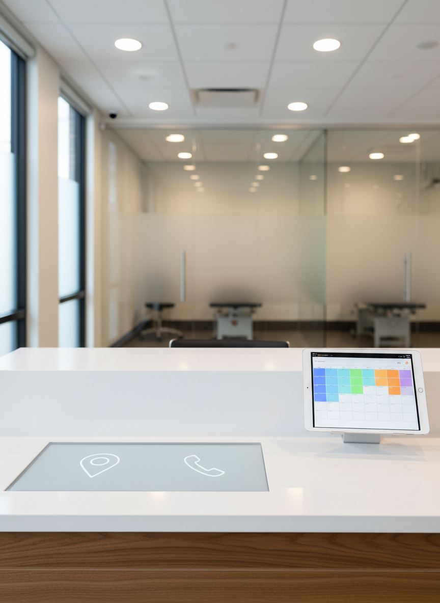 A modern injury and performance clinic reception desk with a sleek white countertop, subtle wood accents, and a clear digital display showing clinic location and phone number as simple, non-text icons. A tablet on the counter displays an abstract appointment calendar interface with colored blocks for time slots. The space is surrounded by glass walls, neatly arranged treatment rooms visible in soft blur. Diffused daylight from tall windows combines with discreet ceiling LEDs, creating a bright, clinical yet welcoming atmosphere. Shot at eye level with photographic realism, the composition uses the rule of thirds, focusing sharply on the desk and tablet while the background fades into gentle bokeh, conveying professionalism, scientific precision, and easy appointment booking without showing any people.