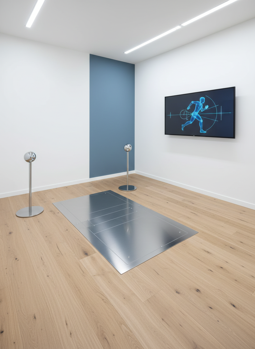 A biomechanical assessment station in a clinic, featuring a sleek force plate embedded in a smooth light-wood floor, flanked by reflective motion-capture markers mounted on slim stands. A nearby monitor shows stylized silhouettes and joint-angle graphics without words. The surrounding walls are clean white with a single muted blue accent panel suggesting calm focus. Ceiling-mounted linear LEDs cast crisp, even lighting, creating subtle reflections on the force plate surface. Shot from a three-quarter overhead angle using photographic realism, the composition leads the eye from the plate to the data screen, emphasizing cutting-edge, science-driven performance analysis in a controlled, professional environment with no people present.