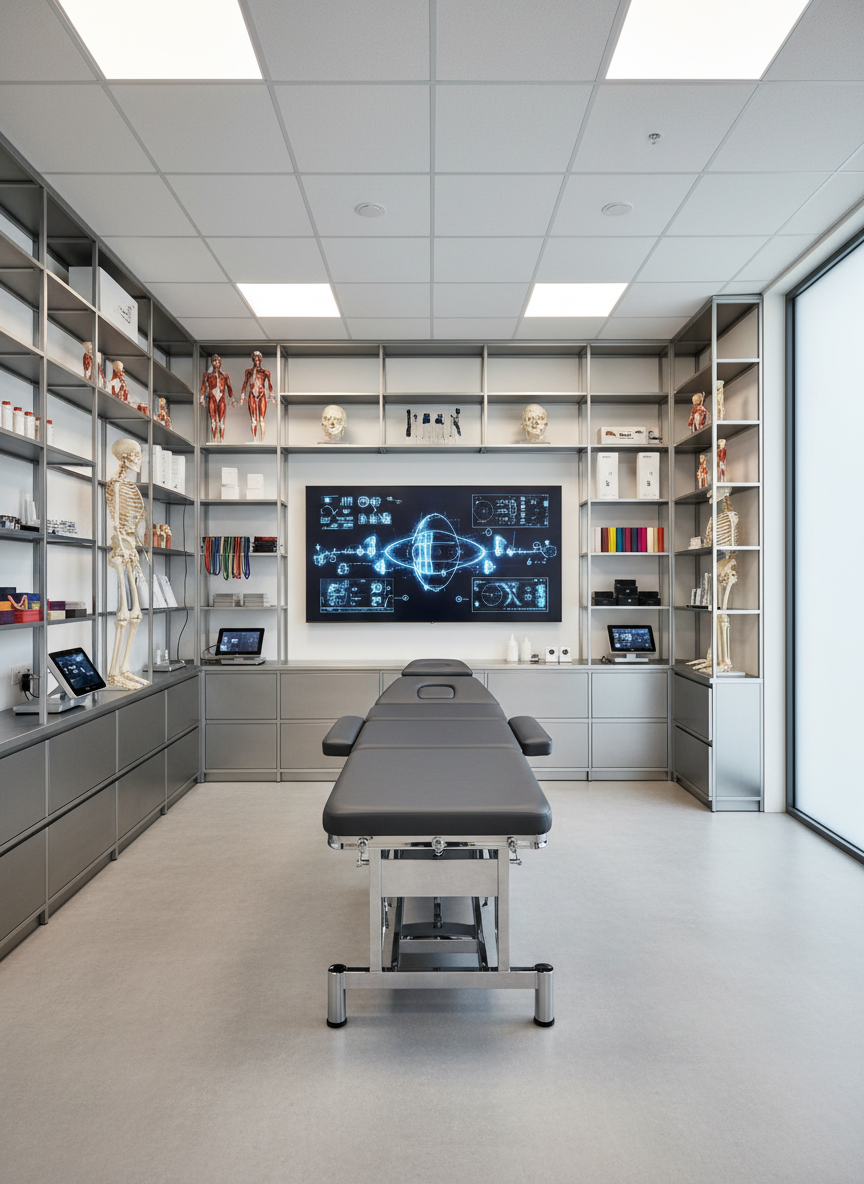 A high-tech treatment room in an injury clinic featuring a premium adjustable treatment table with smooth dark-gray upholstery and polished chrome supports, centered on a spotless light-gray floor. Around it, neatly organized shelves hold anatomical models, resistance bands, and digital assessment tools, all carefully aligned. A wall-mounted screen displays non-text scientific graphs and joint diagrams in clean blue and white colors. Soft overhead LED panels provide even, shadow-free illumination, complemented by a wash of natural light from a frosted side window. Captured from a slightly elevated corner angle with sharp focus throughout, the photographic realism and clean, modern aesthetic create a calm, evidence-based atmosphere focused on assessment and rehabilitation, without any human presence.