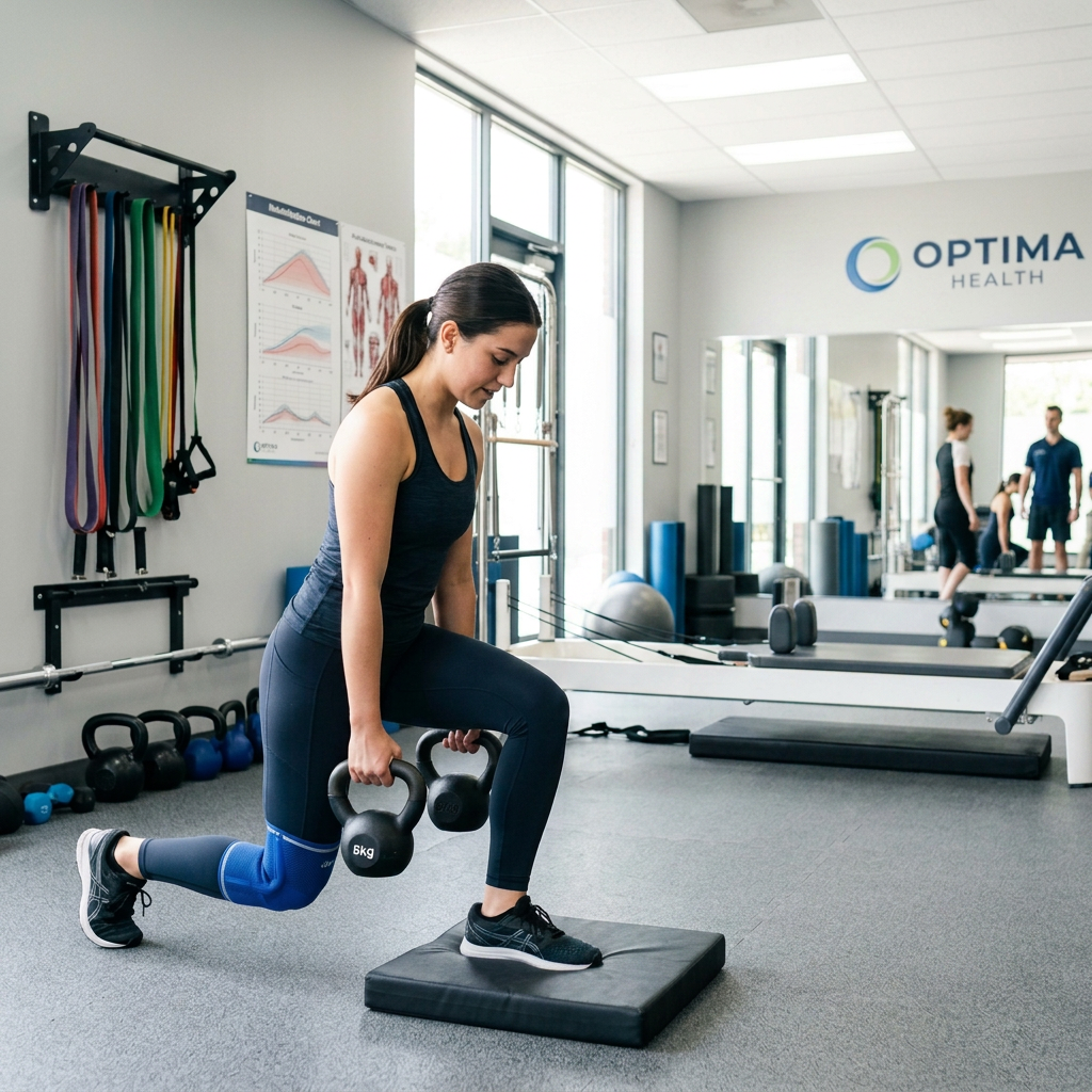 Physical therapist coaching woman doing weighted lunges on mat